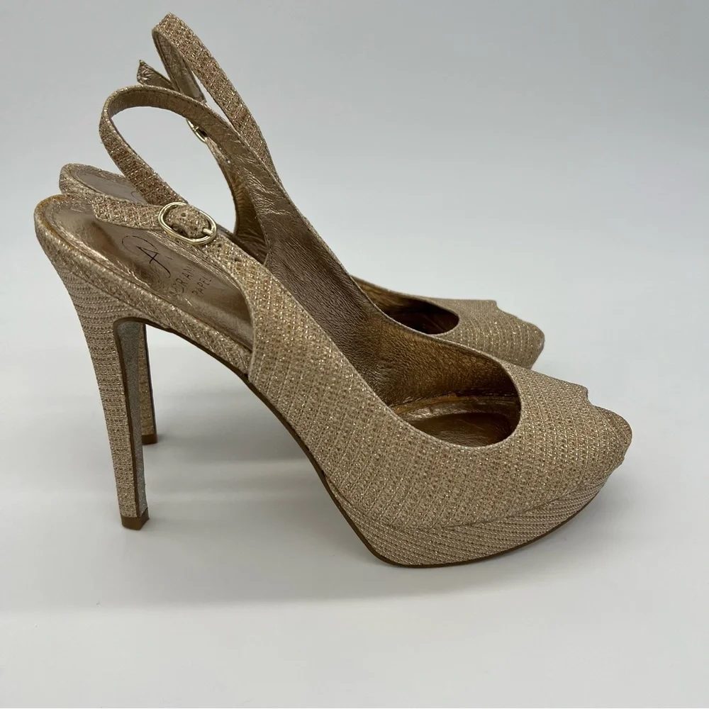 Adrianna Papell Gold Glitter Slingback Platform Heels – Peep Toe High Heel Pumps